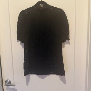 Black High Neck Lace Top with Puff Sleeves – Size Unknown (Fits Like M)